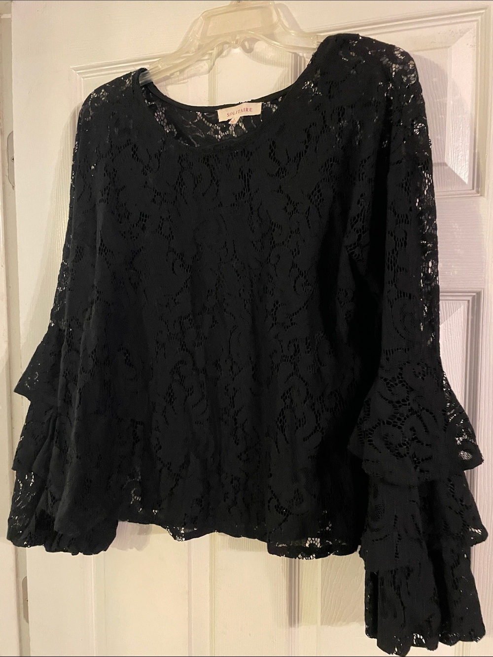 Solitaire Black Lace Ruffled Bell-Sleeve Blouse